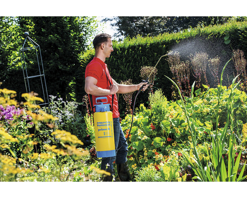 Ein Mann verwendet eine gelbe Gloria Prima 5 Druckspritze im Garten.