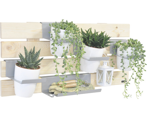Wandregal mit Pflanzen, Gartenwerkzeug und Dekoration