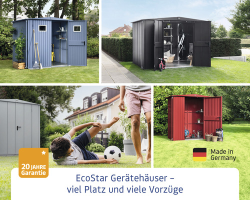 EcoStar Gerätehäuser in verschiedenen Farben und Ausführungen mit 20 Jahre Garantie