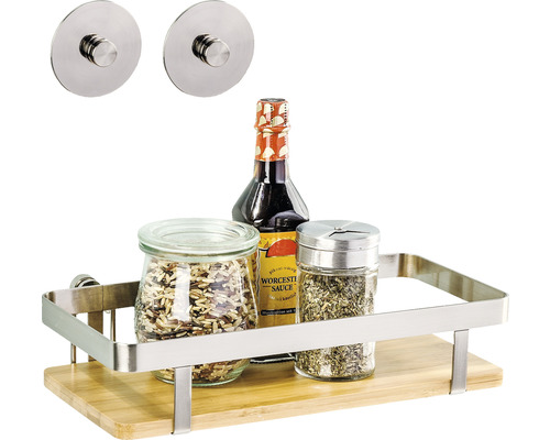 Wandregal aus Bambus und Edelstahl mit Befestigungsmaterial und Gewürzen