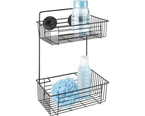 Duschregal mit zwei Ablagekörben, Saugnäpfen und Badutensilien