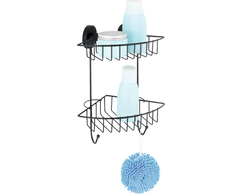 Eckregal zur Wandmontage mit zwei Ablagen aus Metall, inklusive Haken zur Badaufbewahrung