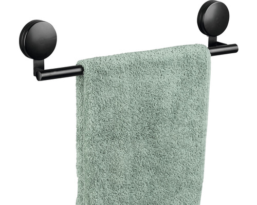 Schwarzer Handtuchhalter mit Saugnapfbefestigung und Handtuch