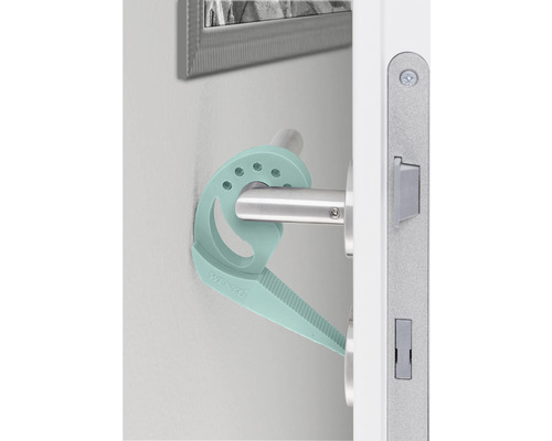 Türstopper am Türgriff zur Schallreduzierung und Wandprotektion.