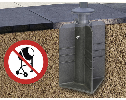 Detailansicht einer Einschlaghülse im Boden mit einem Symbol, das die Verwendung eines Betonmischers verbietet