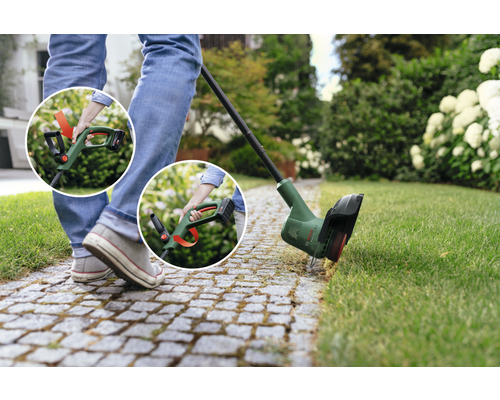 Akkutrimmer im Einsatz zur Rasenpflege im Garten.