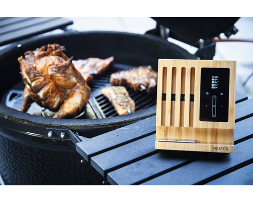 Gegrilltes Hähnchen und Fleisch auf einem Grill mit Meater Block Thermometer