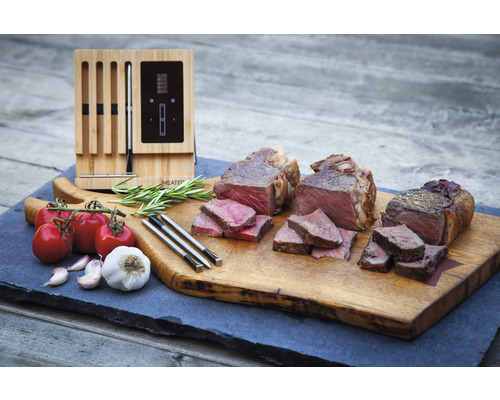 Drei Steaks unterschiedlicher Garstufen, arrangiert mit Tomaten, Knoblauch und einem kabellosen Fleischthermometer.