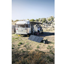 Silberner Wohnwagen mit Solaranlage in der Natur