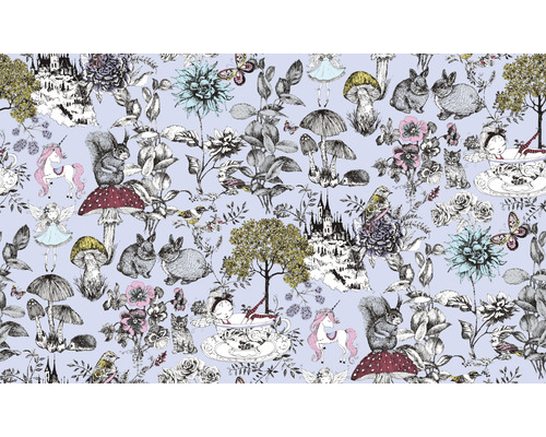 Tapete mit Waldmotiven, darunter Eichhörnchen, Pilze, Einhörner und Blumen