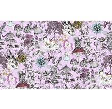 Illustration mit Märchenmotiven, darunter Tiere, Blumen, Schlösser und Fabelwesen