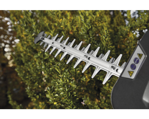 Schneidevorrichtung einer Heckenschere im Einsatz vor einer Hecke.