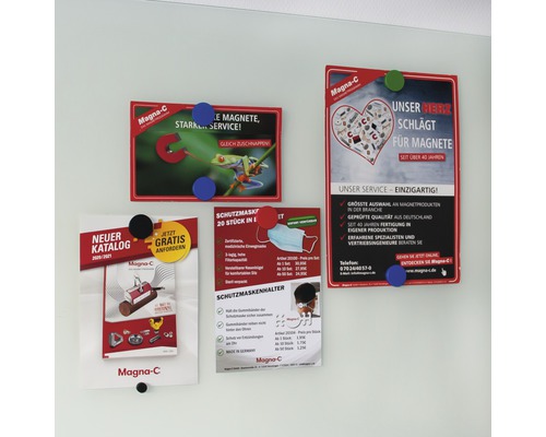 Mehrere Informationsblätter sind mit Magneten an einer Tafel befestigt.