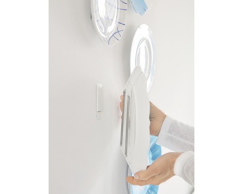 Person befestigt Teller mit Telleraufhänger an der Wand