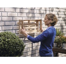 Frau befestigt Holzkiste als Wandregal an einer Ziegelwand im Garten.