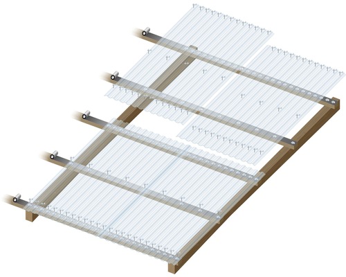 Holzunterkonstruktion mit transparenten Kunststoffplatten und Befestigungsmaterialien