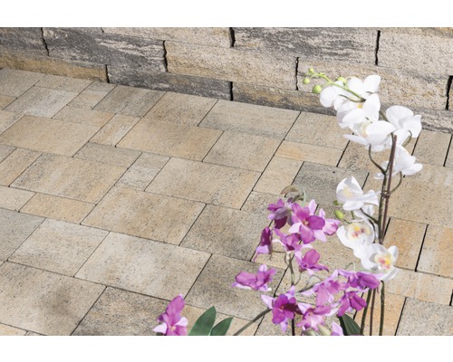 Außenbereich mit rechteckigen Pflastersteinen und Mauerwerk