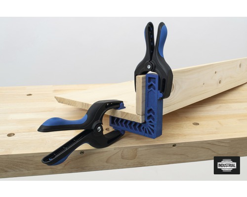 Holzstücke fixiert mit Federzwingen und Winkelspanner auf einer Werkbank