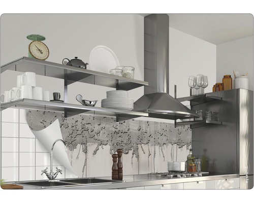 Küchenszene mit Regalen, Spüle, Dunstabzugshaube und Wanddekor