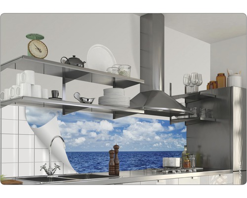 Küchenszene mit Regalen, Dunstabzugshaube und Spüle vor einem Meeresmotiv