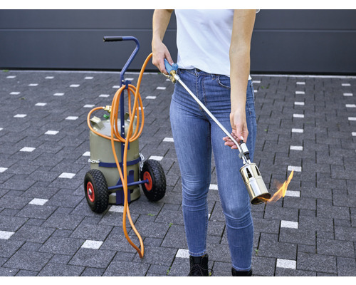 Unkrautbrenner mit Wagen im Einsatz zur Unkrautbekämpfung auf Pflastersteinen