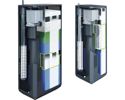 Innenfilter für Aquarien in geöffneter Darstellung