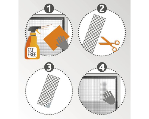 Anleitung zur Montage eines Insektenschutzgitters in vier Schritten: Reinigen, Zuschneiden, Schutzfolie abziehen und Anbringen