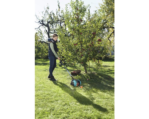 Eine Frau sammelt Äpfel mit einem Apfelsammler in einem Garten.