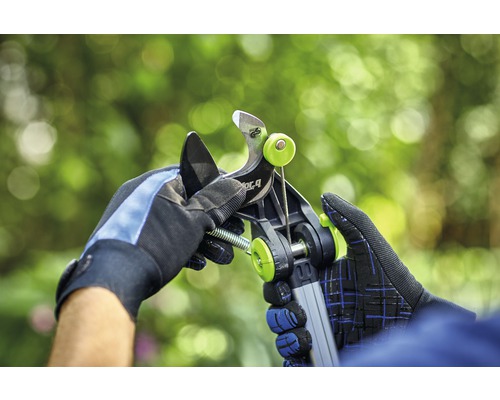 Eine Person mit Gartenhandschuhen bedient eine Astschere.