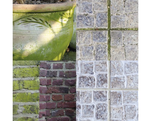 Collage verschiedener Materialien: Blumentopf, Pflastersteine und Ziegelmauer