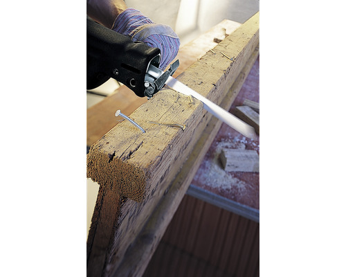 Eine Säbelsäge schneidet ein Holzstück mit Nägeln.