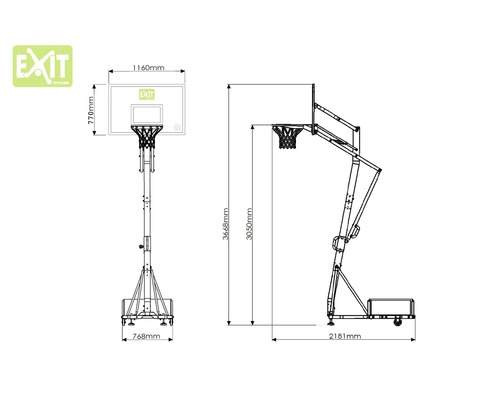 Abbildung mit Maßangaben eines transportablen Basketballkorbs