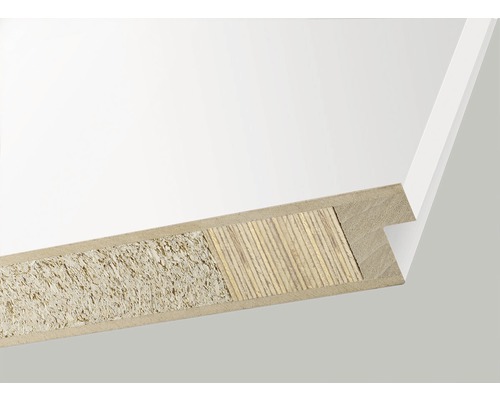 Querschnitt einer weißen Küchenfront mit Holzwerkstoffkern