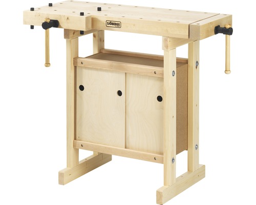 Werkbank aus Holz mit Stauraum und Schraubstock