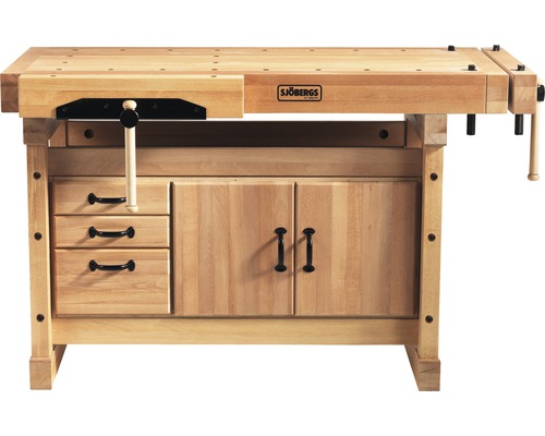 Werkbank aus Holz mit Schubladen und Schrankfächern