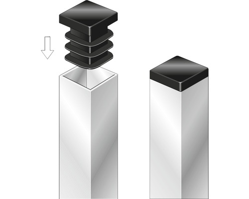 Abbildung einer Vierkantrohr-Endkappe vor und nach der Installation