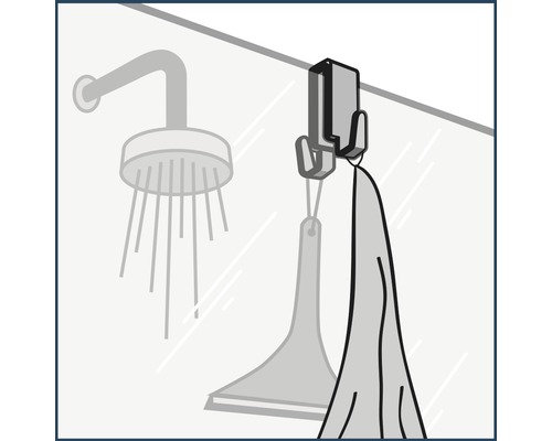 Illustration eines Badezimmers mit Duschkopf, Duschabzieher und einem Handtuch an einem Haken