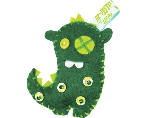 Grünes Monster aus Filz mit Knöpfen und Bändern
