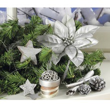 Weihnachtsdekoration mit Tannenzweigen, Sternen, Weihnachtsstern, Zimtstangen und Tannenzapfen