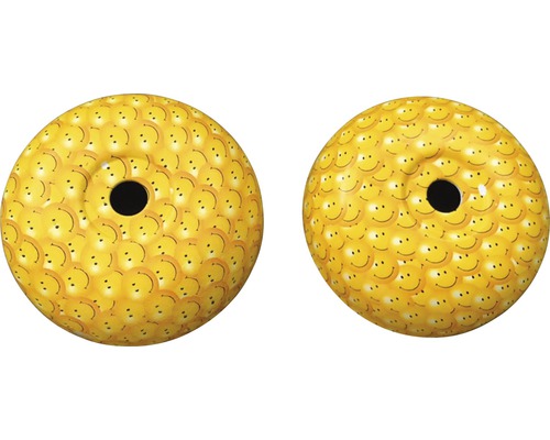 Zwei gelbe Gewichte mit Smiley-Muster und Loch in der Mitte