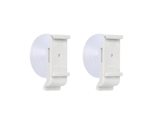Zwei weiße Rolloklemmen mit Saugnapf