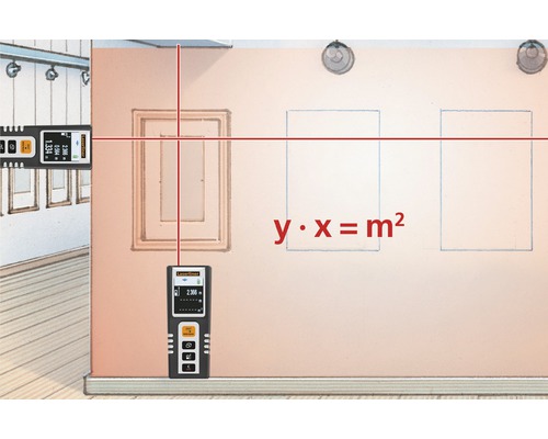 Raumszene mit Laserentfernungsmesser zur Flächenberechnung an Wand