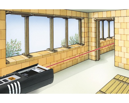 Illustration eines Raumes im Rohbau mit einem Laser-Entfernungsmesser zur Messung von Abständen