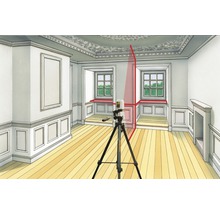 Raumansicht mit einem Linienlaser auf einem Stativ, der rote Linien an die Wände projiziert zur Ausrichtung.