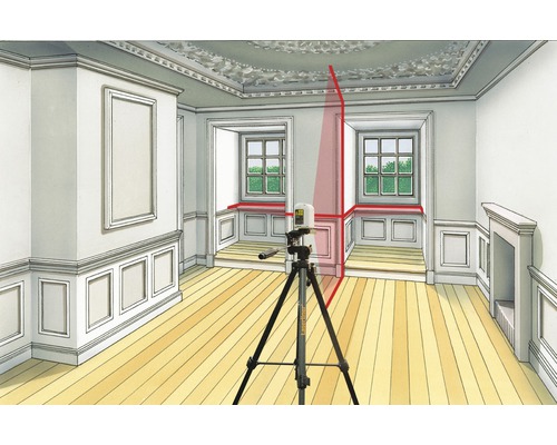 Raumansicht mit einem Linienlaser auf einem Stativ, der rote Linien an die Wände projiziert zur Ausrichtung.