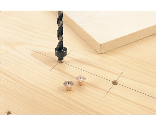 Dübelbohrer bohrt Loch in Holzplatte für Holzverbindung