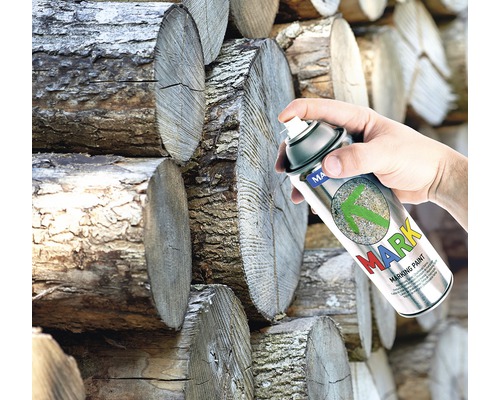 Eine Hand sprüht Markierungsfarbe auf Holz.