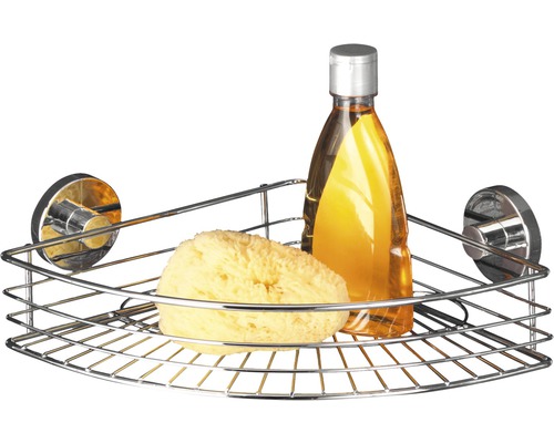 Eckregal aus Metall mit Schwamm und Flasche