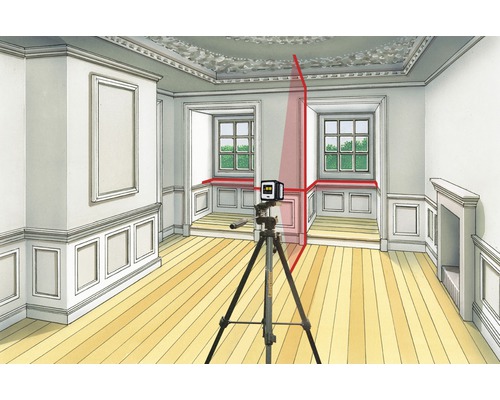 Raumansicht mit Linienlaser auf Stativ, der rote Laserlinien an die Wände projiziert