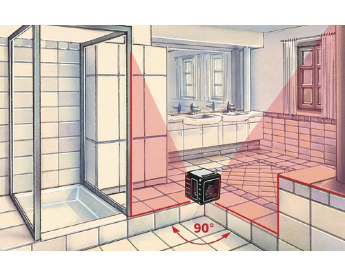 Ecklinienlaser im Badezimmer mit Duschkabine und Waschbecken